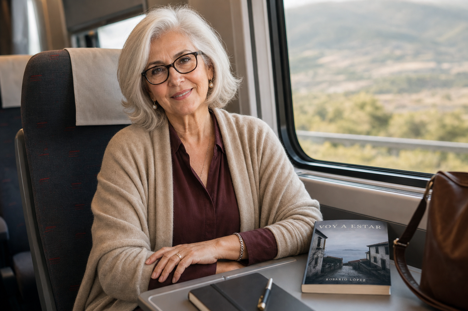 Rosario Lopez en un tren con un libro